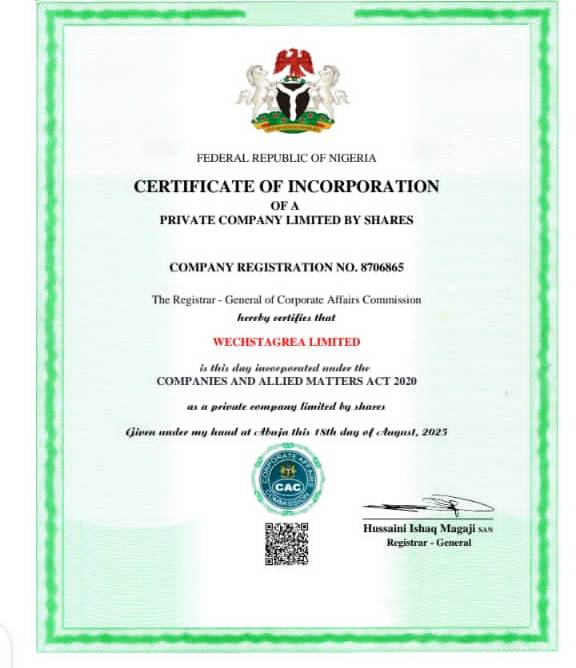 WECHSTAGREA LTD CAC registration certificate